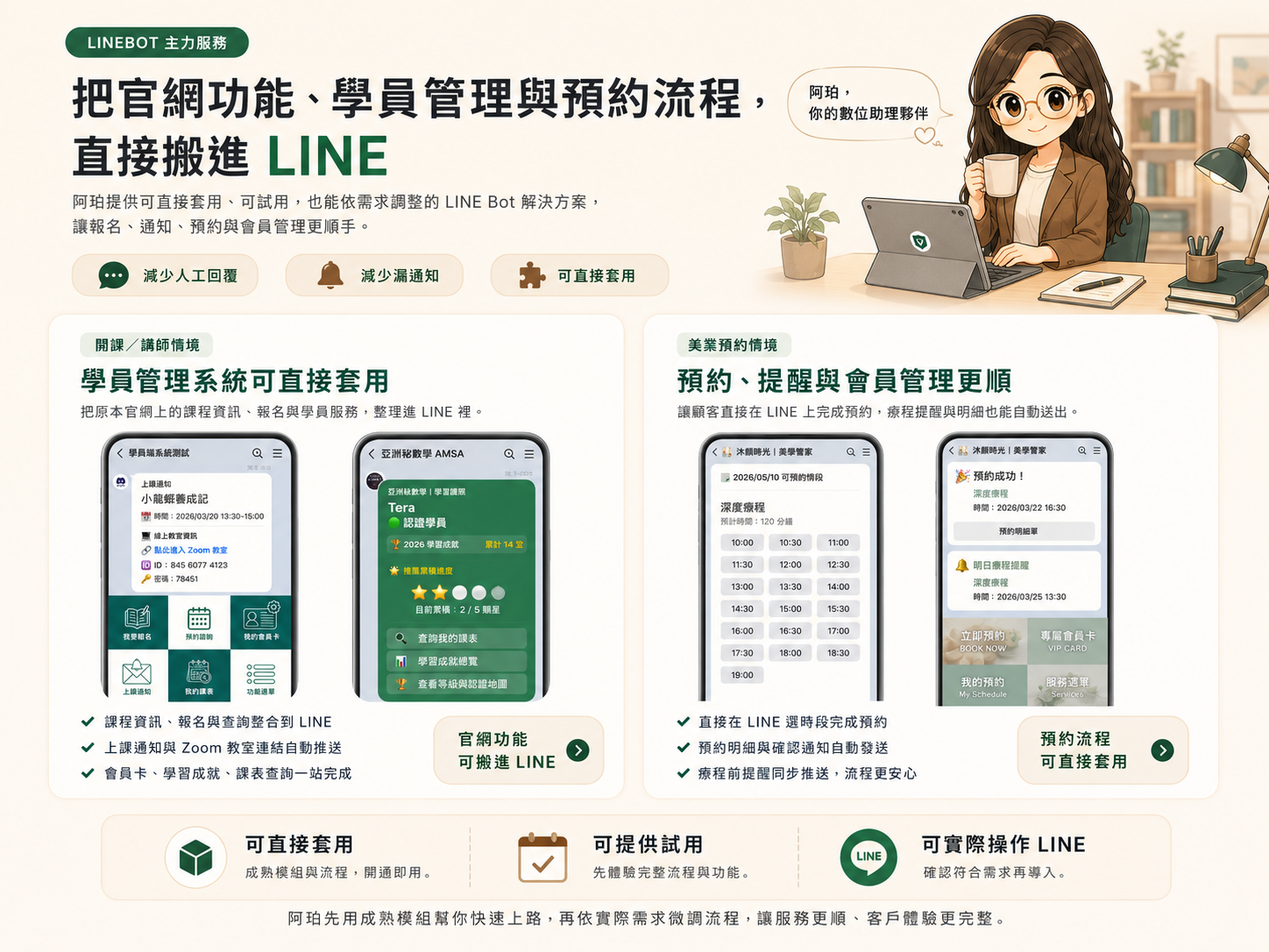 LINE Bot 主力服務：學員管理系統可直接套用，預約、提醒與會員管理更順手